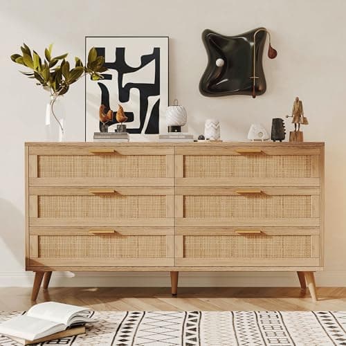 Rovaurx 6 Drawer Double Dresser for Bedroom, Rattan Chest of Dressers, Modern Wooden Dresser Chest with Golden Handles, Beside Table for Closet, Living Room and Entryway, Natural - Image 1
