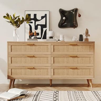 Rovaurx 6 Drawer Double Dresser for Bedroom, Rattan Chest of Dressers, Modern Wooden Dresser Chest with Golden Handles, Beside Table for Closet, Living Room and Entryway, Natural - Image 1
