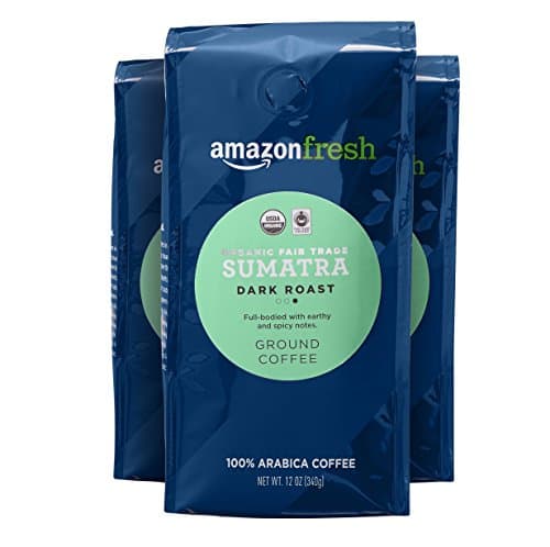 Amazon Fresh Organic Fair Trade Sumatra Ground Coffee, Dark Roast, 12 Ounce (Pack of 3) - Image 1