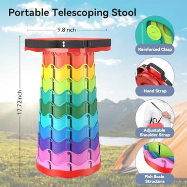 Guioiby Upgraded Collapsible Stool, Portable Folding Stool, Telescoping Camping Chair with Max Load Capacity 485lbs, Square Retractable Stool for Camping Gardening Fishing Hiking BBQ [Rainbow+Red] - Image 2