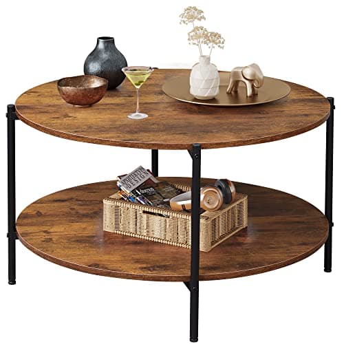 WLIVE Round Coffee Table, 32.6" Small Coffee Table with Storage Shelf, 2-Tier Circle Wood Center Table for Living Room, Apartment, Rustic Brown - Image 1