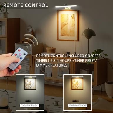 RAIFOOLLY Picture Light,16in Wireless Battery Wall Lighting,Remote Art Lights for Paintings with Timer and Dimmable for Display Photo,Frame,Portrait,Dartboard(GD+BK) - Image 2