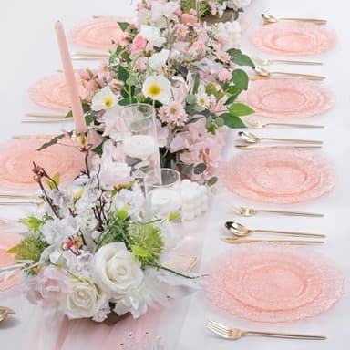 U-QE 60PCS Pink Plates for Party - Pink Plastic Plates Disposable&Reusable - Clear Pink Heavy Duty Plastic Plates for Party Including 30 Plastic Dinner Plates 10" & 30 Plastic Dessert Plates 7" - Image 5