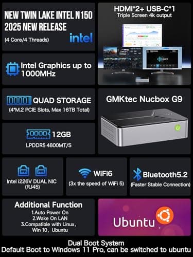 GMKtec G9 Mini PC NAS Intel N150 Dual Boot System 12GB DDR5 64GB EMMC +512GB SSD Desktop Computer 4*M.2 NVMe Slots/Dual NIC 2.5GbE/ USB-C USB 3.2 10Gbps/ Network Attached Storage - Image 2