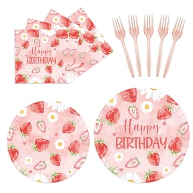 96Pcs Strawberry Birthday Party Plates Napkins-Sweet Baby Shower Pink Fruit Strawberry Theme Forks Supplies Tableware Set Disposable Decoration for Girls Berry Baby Decorations Favors Serves 24 - Image 1