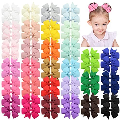 Choicbaby 60pcs 3 Inches Boutique Grosgrain Ribbon Pinwheel Hair Bows for Baby Girls, Toddler Bows Hair Clip Birthday Gifts In Pair - Image 1