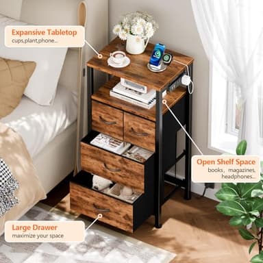 Furnulem Dresser for Bedroom, Tall Nightstand, Bedside Table with Charging Station, LED Light, Fabric Bins, Night Stand with Wood Shelf, Small Furniture for Entryway, 33 Inch (4 Drawer, Rustic Brown) - Image 4
