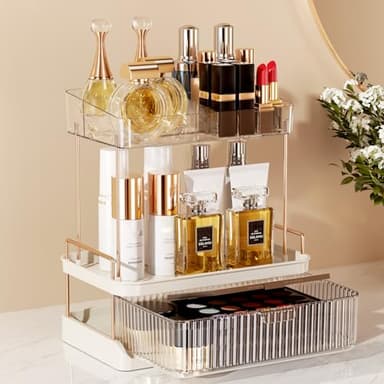 Delamu 2-Tier Bathroom Countertop Organizer with Drawer, Large Capacity Makeup Skincare Organizer Multi-Compartment Vanity Storage for Cosmetics Toiletries, Easy to Assemble, Stylish Design, Colorless - Image 8