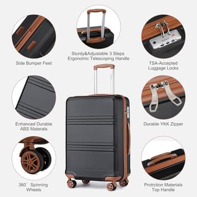 Kono Luggage Set 3 Piece Carry On Hardside Luggage with TSA Lock Spinner Wheels Carry On Suitcase Apricot Black - Image 2