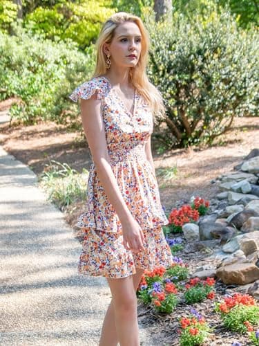 PRETTYGARDEN Casual Summer Dresses for Women 2025 Short Sleeve V Neck Floral Mini Dress Boho Smocked Ruffle Short Sundress(X-Small, White) - Image 5