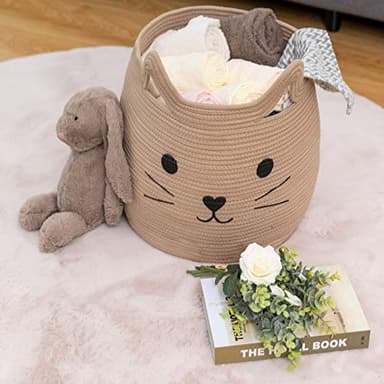 VK VK·LIVING Animal Baskets Large Woven Cotton Rope Storage with Cute Cat Design Laundry Organizer for Towels, Blanket, Toys, Clothes, Gifts – Cat Toy Box Pet or Baby Gift Baskets 15"Lx14H" - Image 5