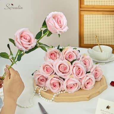 Serwalin 30pcs Artificial Roses Flowers, Pink Roses with Long Stems Realistic Fake Silk Roses Flowers for Wedding Bridal Bouquet Centerpieces Party Home Decor - Image 6
