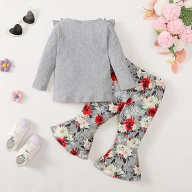 Kislio Toddler Baby Girl Clothes Long Sleeve Ruffle Ribbed Solid Tops Flare Pants Bell Bottoms Fall Winter Outfit Set - Image 3