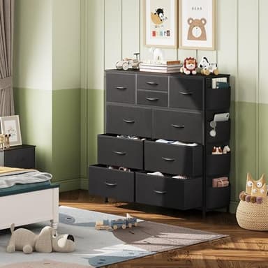 WLIVE Dresser for Bedroom with 10 Drawers, Fabric Dresser Chest of Drawers with Side Pockets and Hooks, Sturdy Metal Frame, Drawers Organizer Unit for Living Room, Hallway, Black - Image 6
