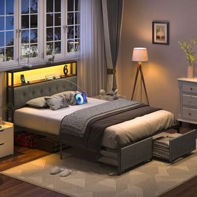 Yoobure Queen Bed Frame with Headboard, Platform Bed Frame Queen Size, Heavy Duty Bed Frames with 2 Storage Drawers, Bedframe with Charging Station & LED Light, No Box Spring Needed, Noise Free - Image 8