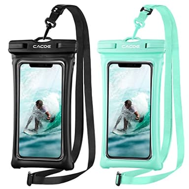 CACOE [Floatable] Floating Universal IPX8 Waterproof Phone case 2 Pack-Up to 7.0",Adjustable Lanyard Phone Pouch,Cellphone Dry Bags for Vacation Beach Pool Kayak Cruise Travel Essentials（Black+Green） - Image 1