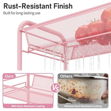 TOOLF 4 Tier Rolling Utility Cart - Durable Metal Design Pink Utility Cart, Storage Trolley on Wheels with 3 Hooks, Perfect for Kitchen, Bathroom & Laundry Room Organization - Image 4