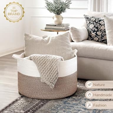 INDRESSME XXXLarge Cotton Rope Basket 21.7" x 21.7" x 13.8" Woven Baby Laundry Blanket Basket Toy Baskets with Handle Storage Comforter Cushions Thread Laundry Hamper Home Decor Living Room - Image 7