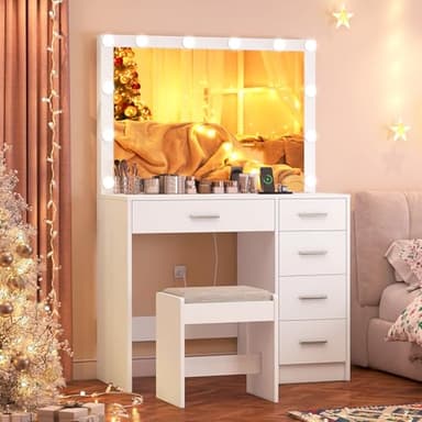 usikey Vanity Desk with Mirror and Lights, Vanity with Charging Station, Makeup Vanity with Large Mirror & 5 Drawers, Dressing Vanity Table with Stool for Bedroom, White - Image 7