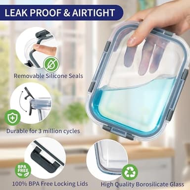 MFY 12-Pack Glass Storage Containers with Lids, Glass Meal Prep Containers Set, Airtight Lunch Containers with Lids, Microwave, Oven, Freezer and Dishwasher Safe, Gray - Image 3