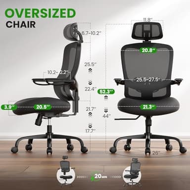 Ergonomic Office Chair Big and Tall - 6'5" Tall Max, 350Lbs Capacity Computer Desk Chairs Over 10 Hours Comfortable, with Adjustable Mesh High Back, Lumbar Support, 3D Headrest, Flip-up Arms - Image 2