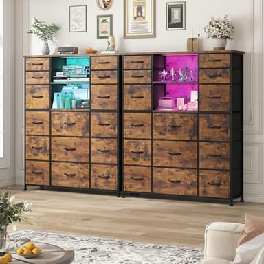 EnHomee 51" H Dresser with 15 Drawers Dresser for Bedroom with Charging Station & LED Lights & Hutch Sturdy Fabric Bedroom Dressers, Steel Frame, Wood Top, Rustic Brown, 51.2" H x 39.3" W x 11.8" D - Image 8