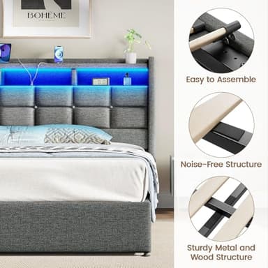 Driftalia Lift Up Full Size Bed Frame with Storage, Upholstered Full Bed Frame with LED Lights Headboard and Charging Station, No Box Spring Needed, Easy Assembly - Light Grey - Image 8