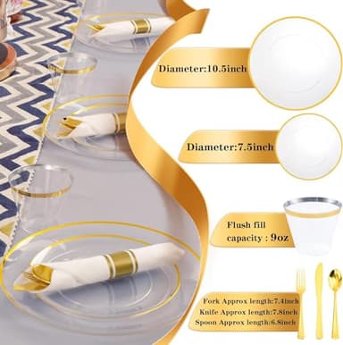 Rubtlamp 140Pcs Gold Plastic Plates Dinnerware,Clear Disposable Plates with Gold Trim,Clear Party Dinnerware Include 20Dinner Plates,20Salad Plates, 20Cups,20Silverware With Pre Rolled Napkins - Image 2