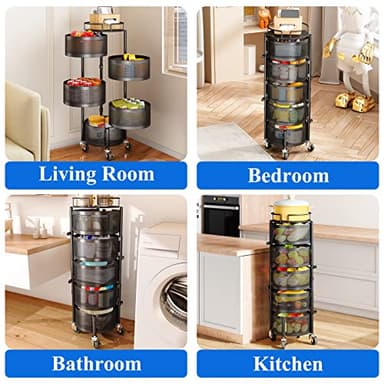 SAYZH Fruit Vegetable Basket for Kitchen, Rotating Storage Rack, 5 Tier Rolling Cart with top lid, Large Metal Wire Wheels, Black - Image 3