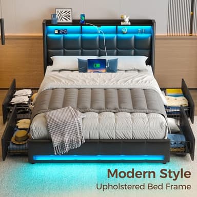 Rolanstar Full Size Bed Frame with LED Lights and Charging Station, PU Leather Bed Storage Headboard & Drawers, Heavy Duty Wood Slats, Easy Assembly, Black - Image 8