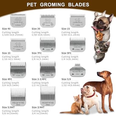 DODAER Size 40/30/15/10/7FC/5FC/4FC/3FC Detachable Pet Dog Grooming Clipper Ceramic Blades Set,Compatible with Andis,Oster A5,Wahl KM10 Series Clippers,Cut Length 1/100"(0.25mm) to 1/2"(13mm),8 Pack - Image 3
