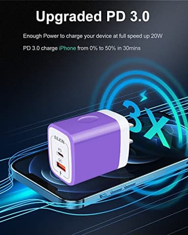 USB C Wall Charger, AILKIN 3Pcs 20W PD + QC3.0 USBC Charger Block Super Fast Power Output Rapid Charging Box Wall Plug Cube for Apple iPhone, Samsung Galaxy, Motorola, LG, Google Pixel - Purple - Image 2
