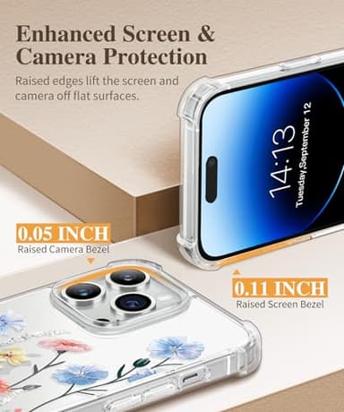 GVIEWIN for iPhone 14 Pro Case Floral, with Screen Protector+Camera Lens Protector,[Non Yellowing]Slim Shockproof Clear Phone Protective Cover for Women, Flower Pattern Design 6.1"(Aconite/Light Blue) - Image 5