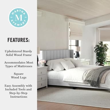 Martha Stewart Kay Low Profile Platform Bed with Wingback Headboard, Channel Stitched Faux Linen Upholstery, No Box Spring Needed, King, Gray - Image 5