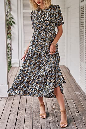 PRETTYGARDEN Summer Dresses for Women 2025 Casual Floral Boho Midi Sun Dress Puff Short Sleeve Flowy Beach Vacation Sundress (Navy Floral,X-Large) - Image 5