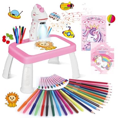 Drawing Projector for Kids, Art and Crafts, Drawing Board with Music, Color Pens, Pencils, Crayons, Scrapbook, Unicorn Sticker Book, Ideal Toy for 3+ Year Old Girls & Boys (Unicorn Kit) - Image 1