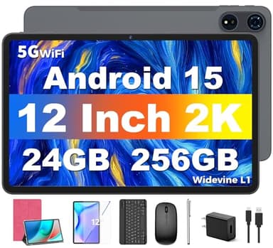 Android 15 Tablets 12 inch, 24GB（8+16）RAM+256 Storage (Expand to 1TB), Android Tablet with Keyboard, Octa-Core, 2K 2000x1200 Display, 16MP Dual Camera, 8000mAh, 5G WiFi,GPS,Bluetooth 5.0 (Pink Case） - Image 1