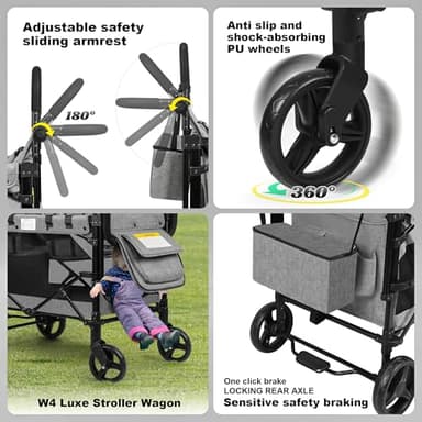 VOOI Stroller Wagon 4 Seater, Wagon for Kids, Collapsible W4 Stroller with Seats with 5-Point Harnesses, Easy Access Zipper Door, and Removable Sun Canopy (Grey, W4-Large) - Image 4