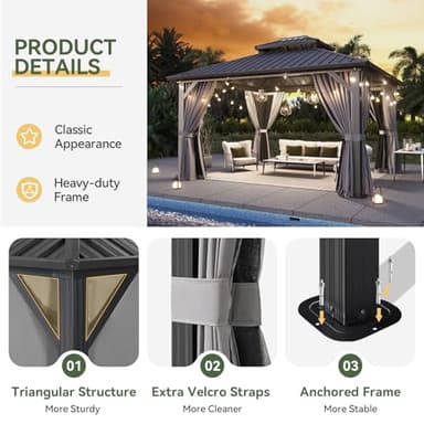 Aoxun 12'x14' Hardtop Gazebo, Aluminum Frame Canopy with Double Galvanized Steel Roof, Outdoor Metal Pavilion with Netting, Curtains for Backyard, Patio and Deck - Image 4