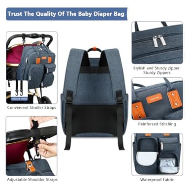 Diaper Bag Backpack, Large Capacity Baby Diaper Backpack with Tons of Pockets, Built-in Stroller Straps, Multi function Waterproof Diaper Bag（Bluish grey） - Image 5