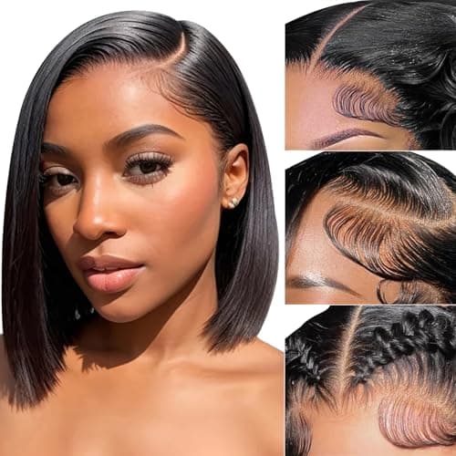 RMOARIWR Bob Wig Human Hair 180% Density 13x4 HD Transparent Lace Front Wigs Human Hair Pre Plucked Short Bob Glueless Straight Wigs Human Hair for Women Natural Black 10 Inch