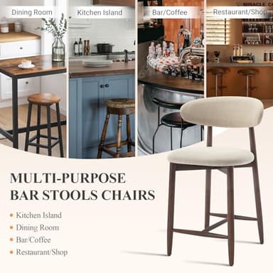 COLAMY Counter Height Bar Stools Set of 3, Kitchen Bar Stools with Back, Mid Century Modern Upholstered, with Wood Legs for Kitchen Island Dining Room Bar, Beige - Image 3
