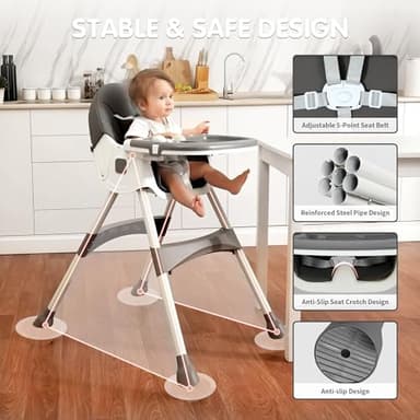 Baby High Chair, 6 in 1 Convertible High Chairs for Babies and Toddlers with 5-Point Safety Harness,Foldable High Chair for Space-Saving, Adjustable Dining Tray,Backrest & Height,Easy to Clean Surface - Image 2