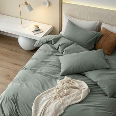 JIYUAN 100% Washed Cotton Duvet Cover Set 3 Pieces King, 1 Duvet Cover 104x90 Inches(Comforter Not Included) and 2 Pillowcases,Linen Feel Bedding Set Comfy and Breathable, Heathered Green - Image 5