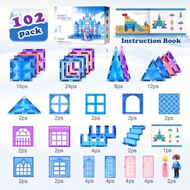 Magnetic Tiles 102pcs with 2 Stairs 2 Dolls Princess Castle Building Girls Toys Age 4-5 6-8 Magnetic Blocks Birthday Xmas Gifts for Girls Toys for 3 4 5 6 7 8+ Year Old - Image 2