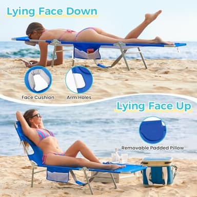 #WEJOY Folding Tanning Chair with Face Hole, 5 Positions Face Down Beach Lounge Chairs with Pillow for Outside Sunbathing Poolside (Blue) - Image 4