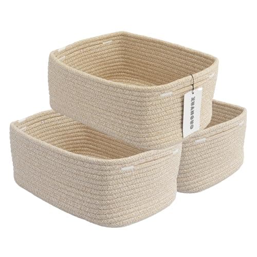 XUANGUO Small Woven Storage Baskets 12“X8”X5“ Decorative Rope Bins for Organizing Shelves, Closets, and Toys, Empty Gift Baskets, Cute Organizer Basket for Home and Office (oatmeal, regular) - Image 1