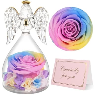 Yamonic Mom Birthday Gifts for Mom, Angel Figurines with Real Rose Gifts for Her Mom Grandma, Preserved Rose Angel Figurines for Mothers Day Birthday Gifts for Women Her (Rainbow) - Image 1