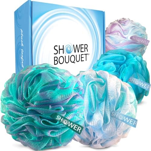SHOWER BOUQUET Loofah-Bath-Sponge XL Swirl-Mix-Color 4-Pack // Extra-Large 75g Mesh Luffa Loofa Loufa Puff Pouf Set/Exfoliating Body Scrubber for Women and Men - Exfoliate & Soothe Face & Body - Image 1