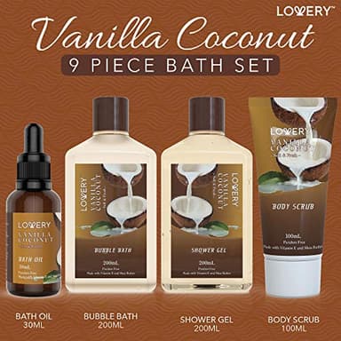 Gifts For Women Gift Basket for Women– 9 Piece Set of Vanilla Coconut Home Spa Set, Includes Fragrant Lotions, Extra Large Bath Bombs, Coconut Oil, Luxurious Bath Towel & More - Image 2
